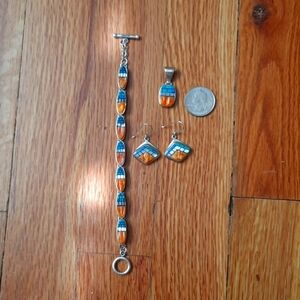 Vintage Turquoise Mother of Pearl Spiny Oyster Jewelry Set in Sterling Navajo